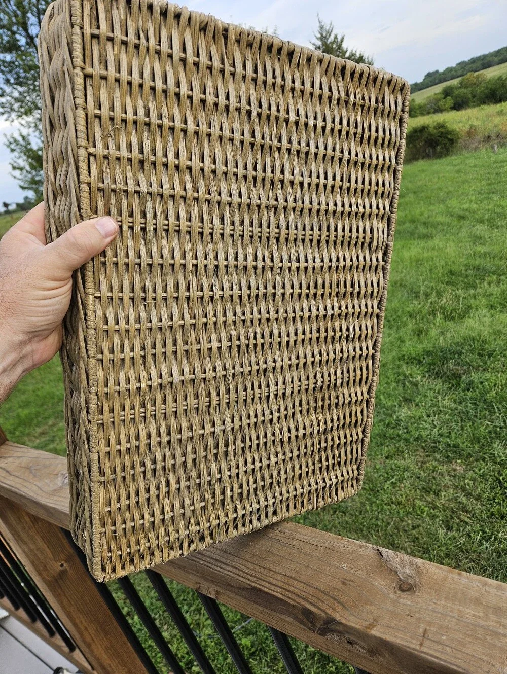 Boho Woven Rattan Serving Tray with a yellow quatrefoil pattern liner and cutout